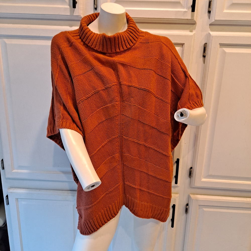 Cozy Rust Cowl Neck Knit Sweater Poncho With Stripe Pattern